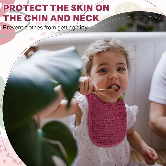 Tallew 8 Pack Baby Burp Cloth Sets with Muslin Burps and Bibs Washable Reusable Waterproof Soft Rags for Unisex Newborn Toddler Baby Boys and Girls Drooling Teething, 20 x 10 Inch(Dark Pink)