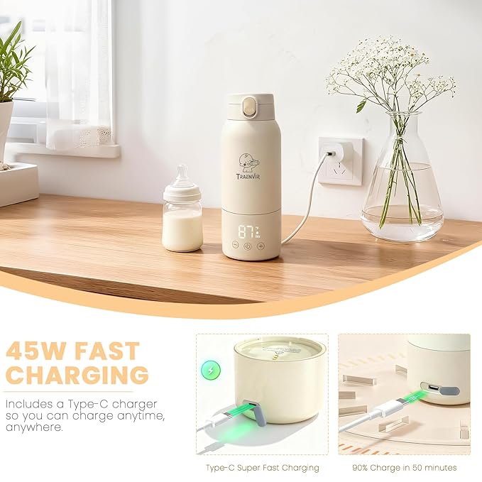 Portable Bottle Warmer for Travel, 17oz Baby Bottle Warmer on The Go for Fast Heating Breast Milk & Water Removable Long Battery, Smart Temp Control for Vehicle, Car, Airplane & Journey