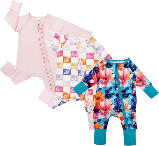 Bow Dream Bamboo Rayon Baby Boy Romper Footed Long Sleeve Footies Newborn Girl Clothes Footless with Zipper and Mitten Cuffs