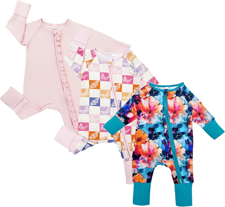 Bow Dream Bamboo Rayon Baby Boy Romper Footed Long Sleeve Footies Newborn Girl Clothes Footless with Zipper and Mitten Cuffs