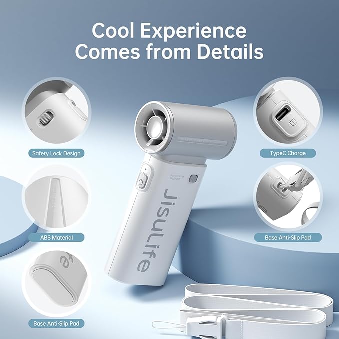 JISULIFE Portable Handheld Fan Life9, Turbo Power High Speed Air [12H Max Cooling Time], 5 Gear Wind, 3600mAh Rechargeable, Mini Pocket Design, Personal Fan for Travel Concerts Camping Makeup - Grey