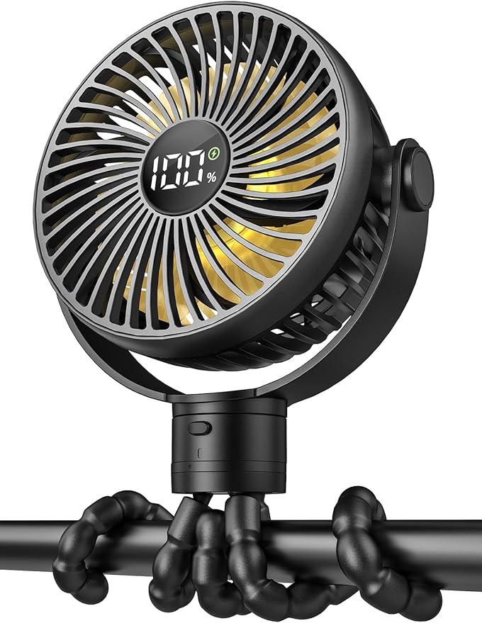 Portable Stroller Fan, 4000mAh Rechargeable Clip on Baby Fan 25H Battery Life, Head Detachable 360° Rotate Mini Fans, 4 Speed Personal Fans with Night Light for Car Seat Crib Bike Treadmill, Black