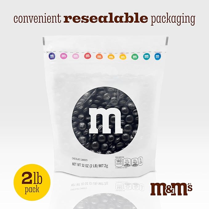 M&M'S Black Milk Chocolate Candy, 2lbs, Resealable Pack for Parties, Halloween, Birthdays, Desserts