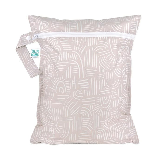 Bumkins Waterproof Wet Bag for Baby, Travel, Swim Suit, Cloth Diapers, Pump Parts, Pool, Beach, Gym Clothes, Toiletry, Hook to Stroller, Daycare, Zipper Reusable Wetdry Packing Pouch, Boho Beige