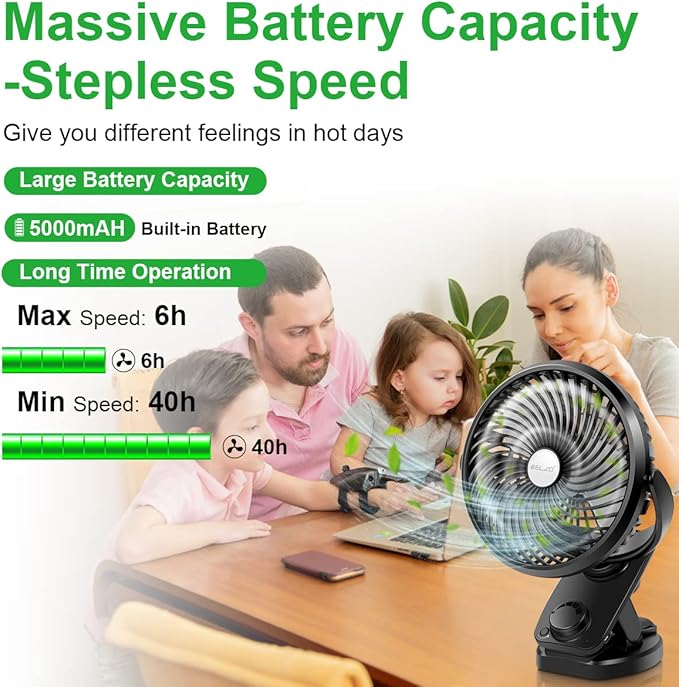 ELZO Clip on Fan, 5000mAh Mini USB Desk Auto Oscillating Small Fan, 360° Rotation Rechargeable Stepless Speed, Super Quiet Portable Fan for Office Stroller Car Camping Travel, Black
