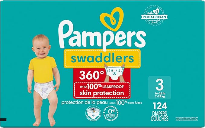 Pampers Diapers - Swaddlers 360° - Size 3, 124 Count, up to 100% Leakproof Comfy Dry Fit, Designed for Easy Changes, Pull On Baby Diaper (Packaging May Vary)