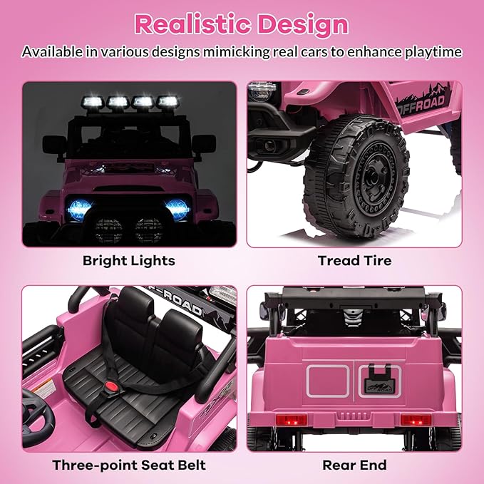 GarveeLife 12V Kids Ride On Car, Ride On Toy for Kids Ages 37-96 Months, Electric Truck with 5MPH Max Speed, Remote Control, Steering Wheel, Accelerator Pedal, Treaded Tires, Music and Story, Pink