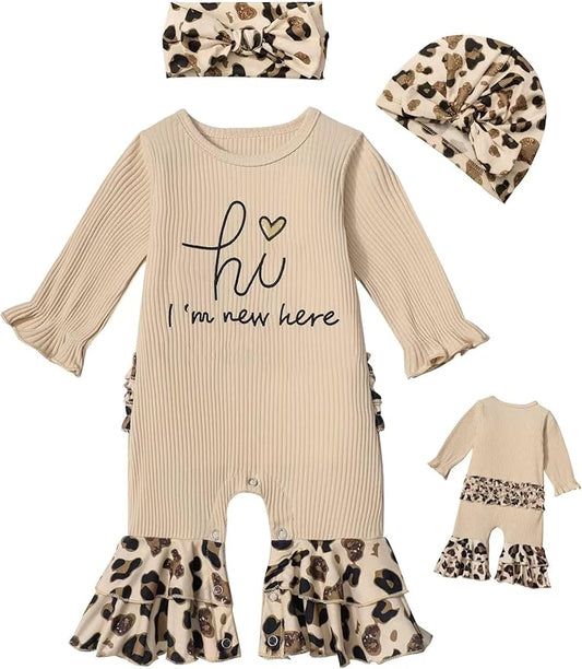 AGAPENG Newborn Girl Clothes Ruffle Letter Print Romper Infant Bell Bottom Jumpsuit Boho Baby Girl Clothes with Headband Hat