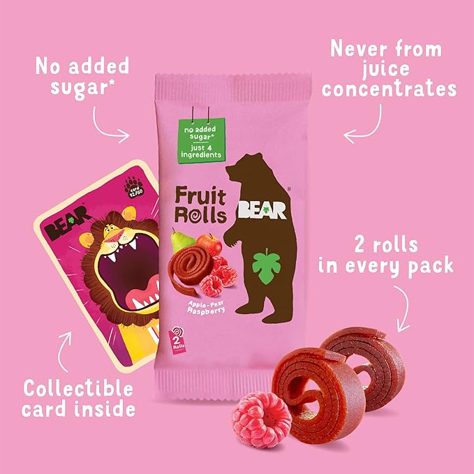 BEAR Real Fruit Snack Rolls - Gluten Free, Vegan, and Non-GMO - Raspberry – Healthy School And Lunch Snacks For Kids And Adults, 0.7 Ounce (Pack of 18)