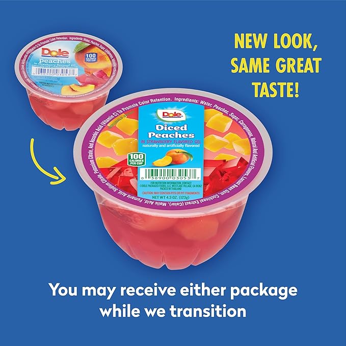 Dole Fruit Bowls Peaches in Strawberry Flavored Gel Snacks, 4.3oz 36 Total Cups, Gluten & Dairy Free, Bulk Lunch Snacks for Kids & Adults