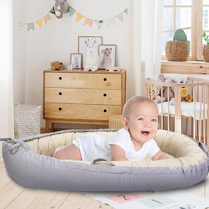 Infant Lounger, Portable Baby Nest Cover, 100% Cotton, Breathable & Reversible, Baby Lounger for Newborn, Adjustable Baby Floor Seat for Tummy Time, Essentials for Newborns