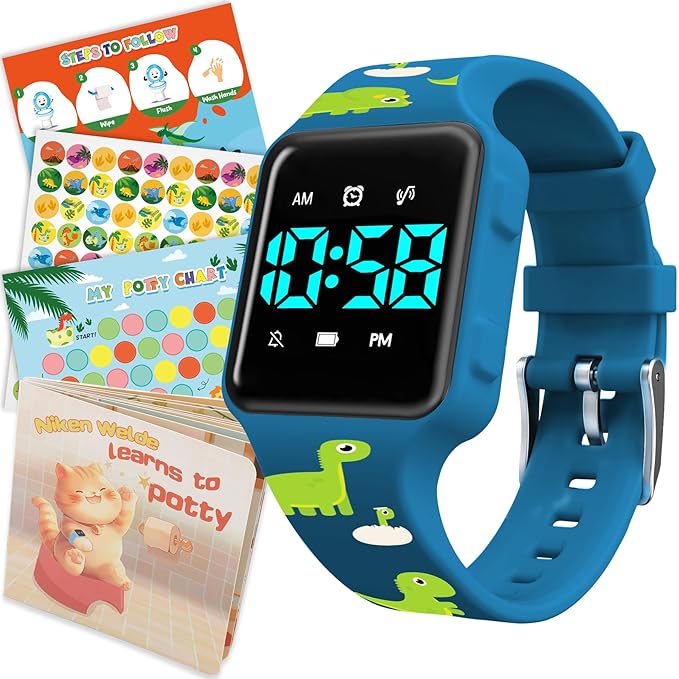 Toddler Potty Training Set – Potty Training Watch with Musical/Vibration Alerts, Fun Board Book, Progress Chart & Reward Stickers – Interactive Toilet Learning Kit for Boys and Girls Ages 2-6