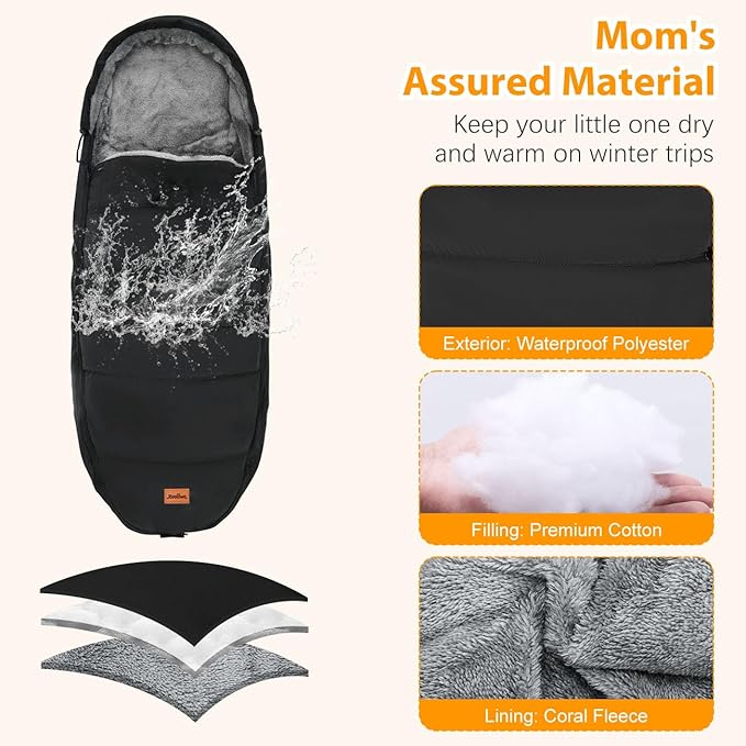 Zooawa Stroller Bunting Bag Universal, Waterproof Baby Stroller Footmuff, Stroller Sleeping Bag for Cold Weather, Extra Thick, Fits 6-36 Months Baby, Black