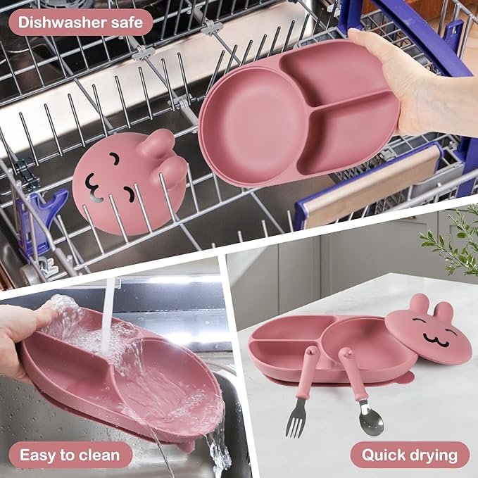 Silicone Baby Plate ,Toddler plates,Self-feeding of infants after weaning , 100% Food Grade Silicone, BPA Free, Including Fork and Spoon, Baby Plates With Suction, Divided Plate for Babies (pink)