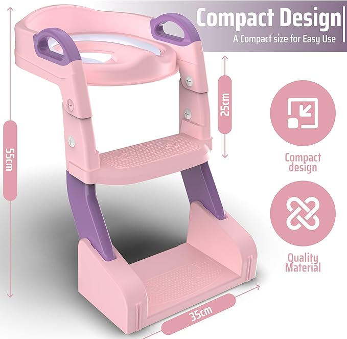 3-in-1 Toddler Potty Training Toilet with Ladder, Easy Assembly, Collapsible Potty Training Seat, Anti-slip Foldable Toddler Toilet Seat with Adjustable Step Stool For Kids Boys And Girls (Pink)