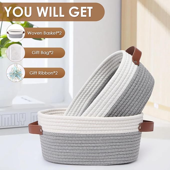 CHEPULA 2 Pack Woven Basket with Gift Bags and Ribbons, Gift Basket Empty for Organizer Baby Shower, Holiday Presents, Wedding, Storage Basket for Nursery (A-Grey White)
