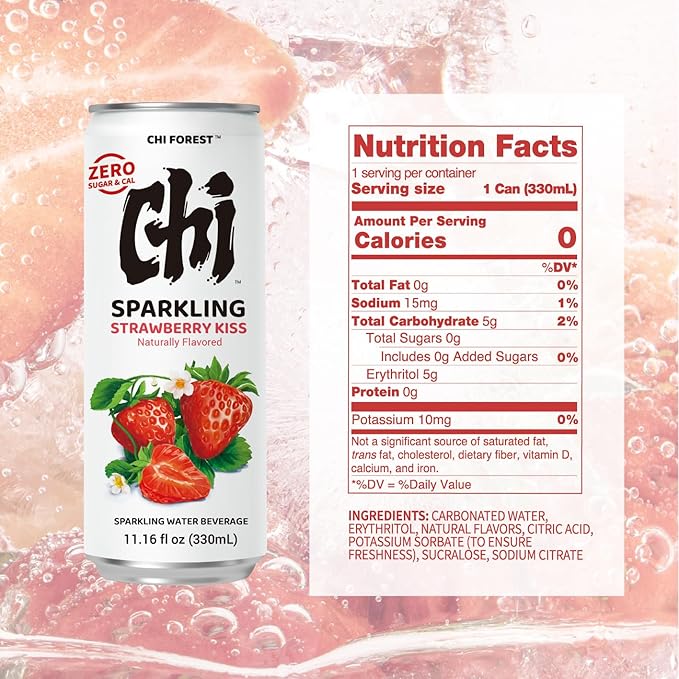 CHI FOREST Strawberry Sparkling Water Beverage, Zero Sugar Drinks, Zero Artificial Flavor, 11.16 fl oz Cans (Pack of 24)