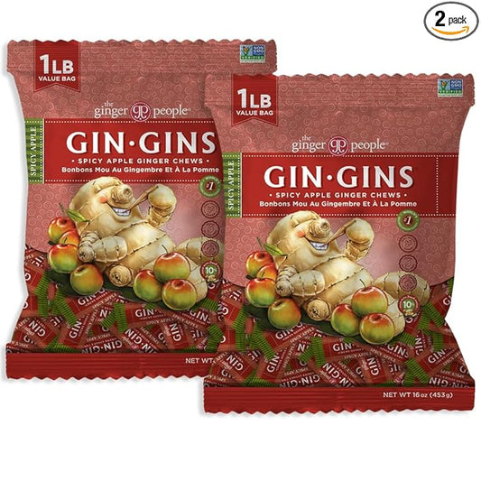 GIN GINS Spicy Apple Ginger Chews – Natural Fresh Ginger Candy by The Ginger People – Individually Wrapped Healthy Candy – Spicy Apple Ginger Flavor – Large 1 lb Bag (16oz) – Pack of 2
