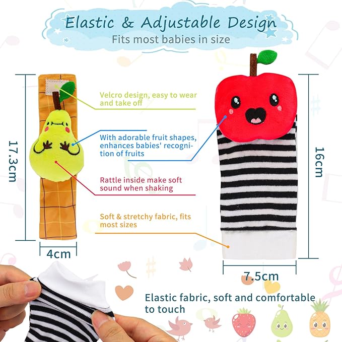 Baby Wrist Rattles Sock Toys - Newborn Baby Sock Toys Over 0 Years Old, 8PCS Soft Foot Finder and Wrist Rattle Set, Hand and Feet Rattles, Sensory Developmental Socks for Infants Girl Boy Gifts