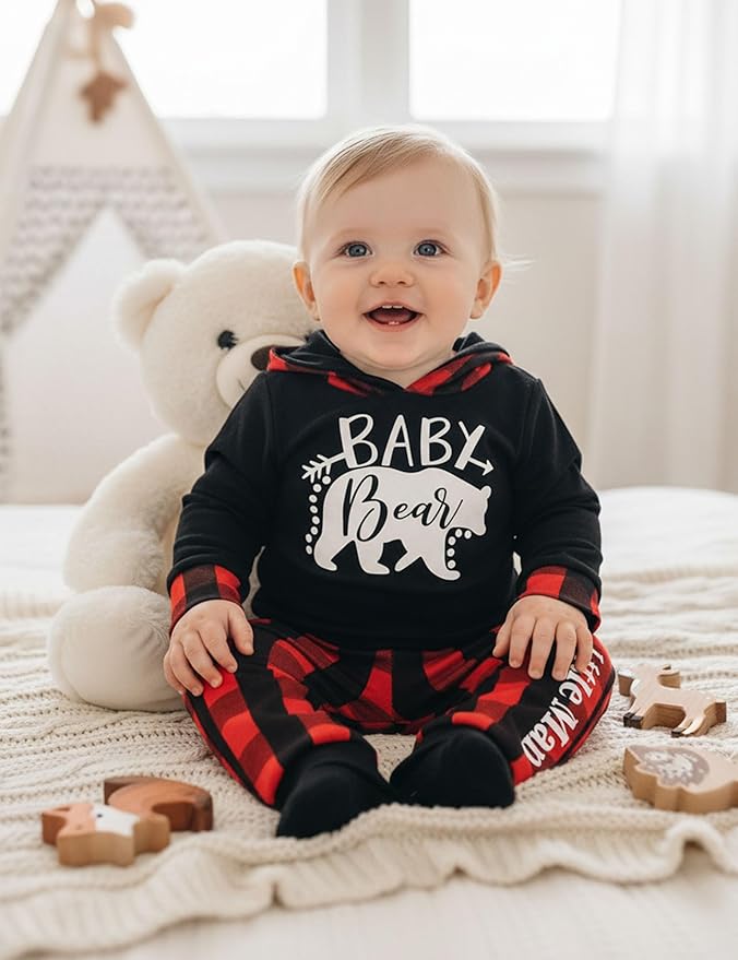 Fommy Newborn Baby Boy Clothes Plaid Letter Print Long Sleeve Hoodies + Long Pants 2PCS Fall Winter Outfits Set
