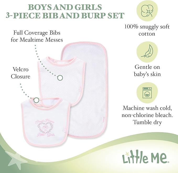 Little Me Clothes for Baby Boys’ and Girls’ 2 Bibs and 1 Burp Cloth Set, Soft Cotton Feeding Essentials with Velcro Closures