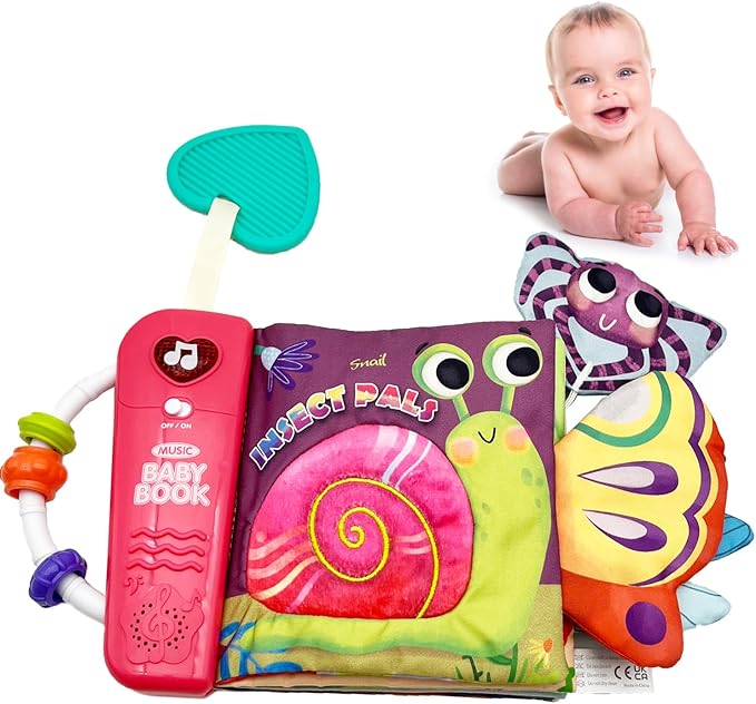 Baby Books Toys, Ocean Pals Touch and Feel Music Cloth Book for Infant Baby 6-12-18 Months, Early Learning Education Shower Easter Gifts for Boys Girls (Insect Pals)