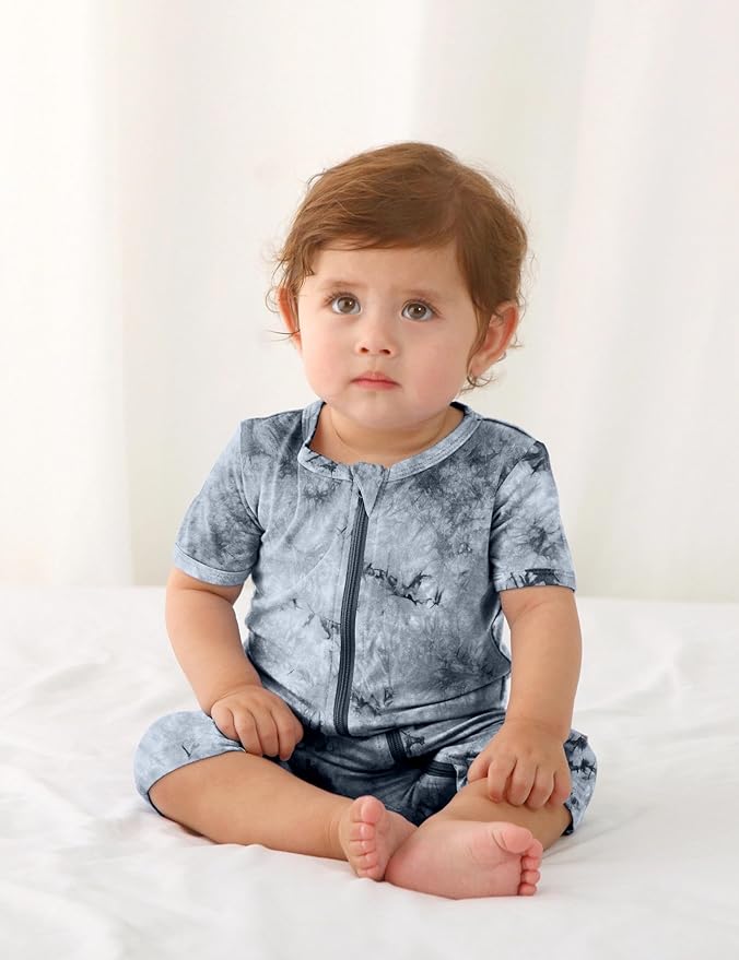 Jimonda Baby Girl Boys Rayon From Bamboo Pajamas 3 Pack Short Sleeve Footless Romper 2 Way Zipper Tie Dye Pjs Sleeper 0-24M