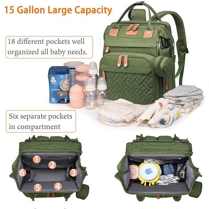 Baby Diaper Bags with Changing Station, Waterproof Diaper Bag Backpack for Moms Dads with USB Charging Port, Baby Shower Gifts, Large Capacity diaper backpack, Green