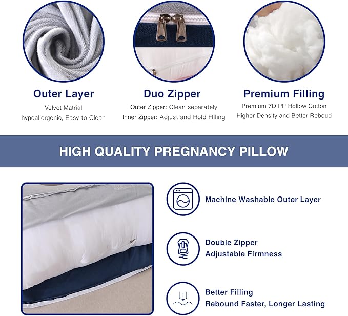 Pregnancy Pillow, Full Body Maternity Pillow 57 inch, with Removable Washable Cover - Sleep Support for Legs, Back, Neck, Shoulder, HIPS, Belly, Velvet Cover-Grey-Dark Blue