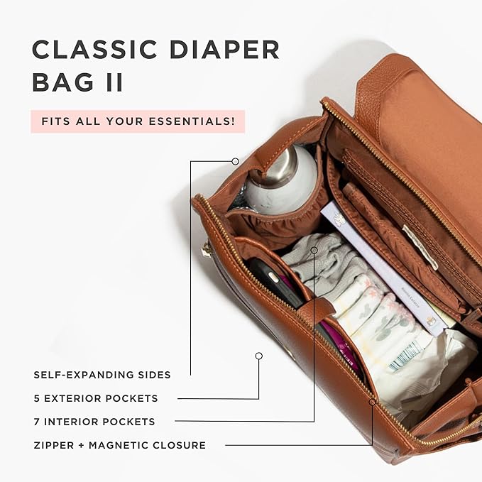 Freshly Picked Classic II Diaper Bag Backpack, Wipeable Vegan Leather With Changing Pad, Convertible (Cognac V2)