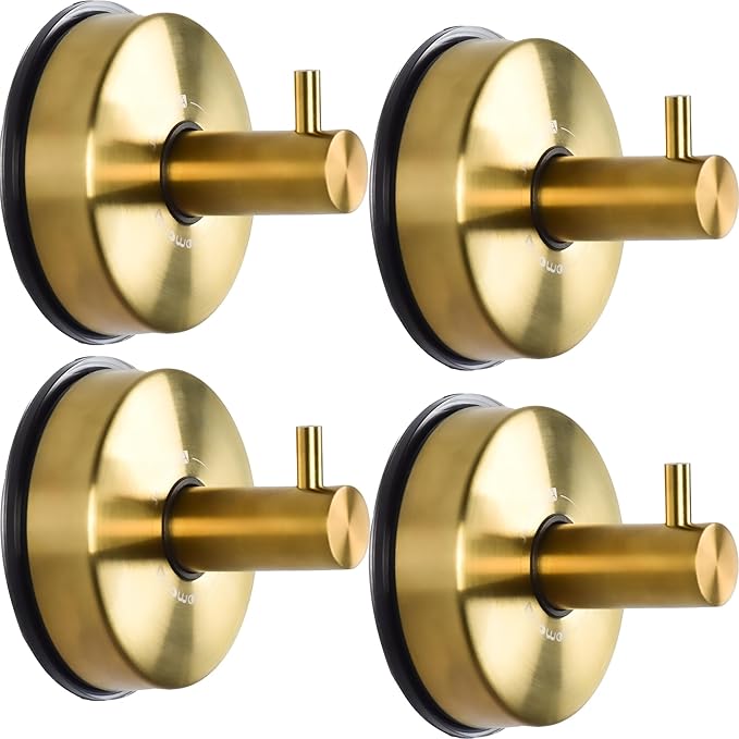 JOMOLA Suction Cup Shower Hooks for Hanging Towel Suction Hook for Inside Shower Stainless Steel Coat Hooks Wall Mounted Kitchen Utensil Stainless Steel, Brushed Gold, 4PCS