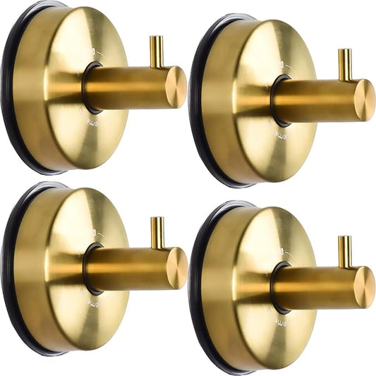 JOMOLA Suction Cup Shower Hooks for Hanging Towel Suction Hook for Inside Shower Stainless Steel Coat Hooks Wall Mounted Kitchen Utensil Stainless Steel, Brushed Gold, 4PCS