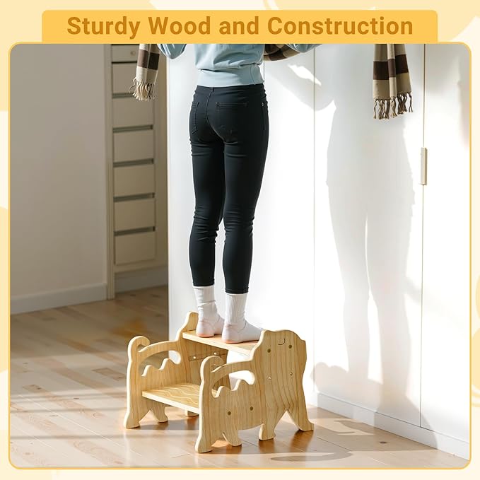 COSYLAND Toddler Step Stool for Bathroom Sink - Height Adjustable 2 Step Stool for Kids - Lovely Cat Style Wooden Potty Training Stool with Handles for Bathroom, Kitchen, Bedroom (Natural)