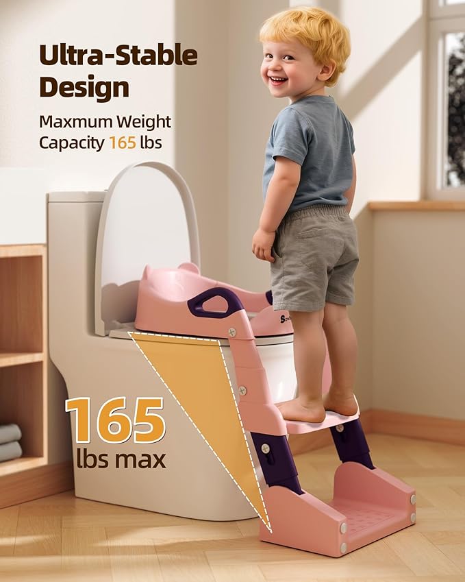 3-in-1 Potty Training Toilet, Toddler Toilet Seat with Step Stool, Foldable Potty Ladder with Potty Chart, PU Cushion, Splash Guard, Anti-Slip Steps & Urinal for Girls & Boys, Pink