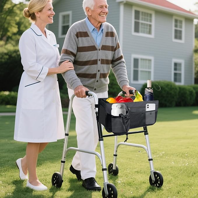 Basket for Walkers for Seniors Detachable, Walker Storage Bags and Pouches Accessories for Rolling Folding Walker to Carry Things, Rollator Walker Foldable Basket with Cup Holder, Gifts for Seniors