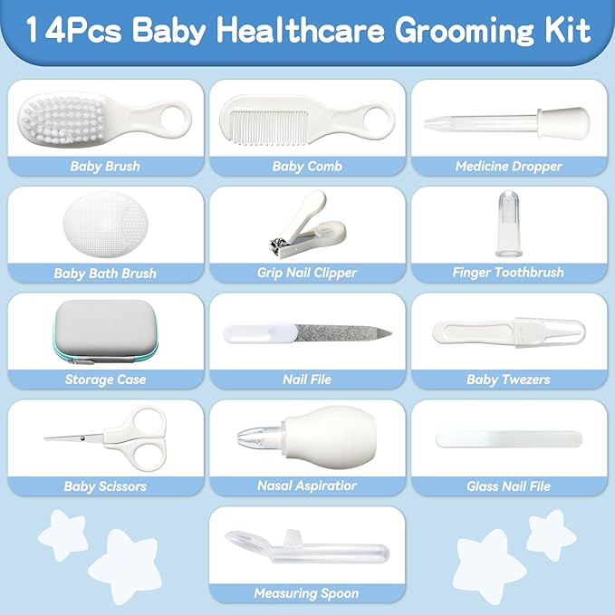Baby Healthcare and Grooming Kit, 14 in 1 Baby Safety Set Newborn Nursery Health Care Set with Hair Brush Scale Nail Clippers for Baby Girls Boys (14 Kits Grey White)