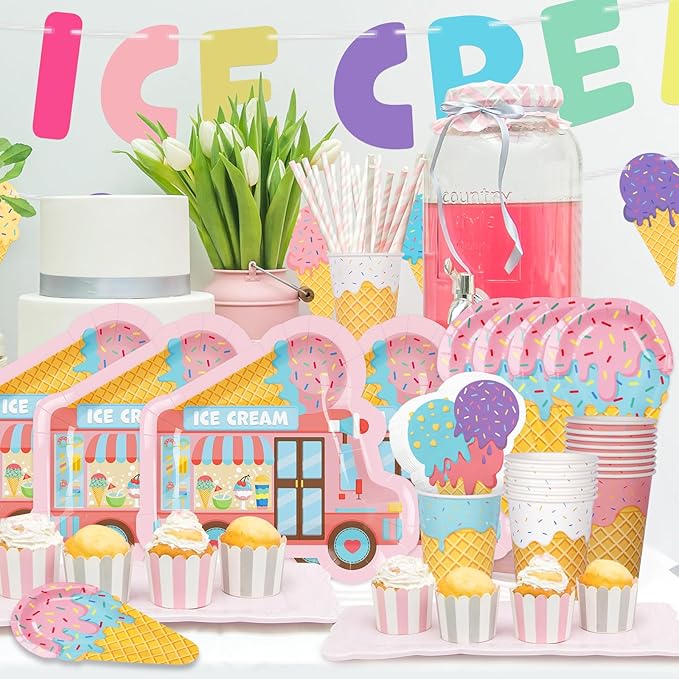 Ice Cream Party Supplies Kit for 24: Ultimate Bundle with Vibrant Paper Plates, Napkins, Cups, Tablecloth & Banner - Ice Cream Birthday Party Decorations