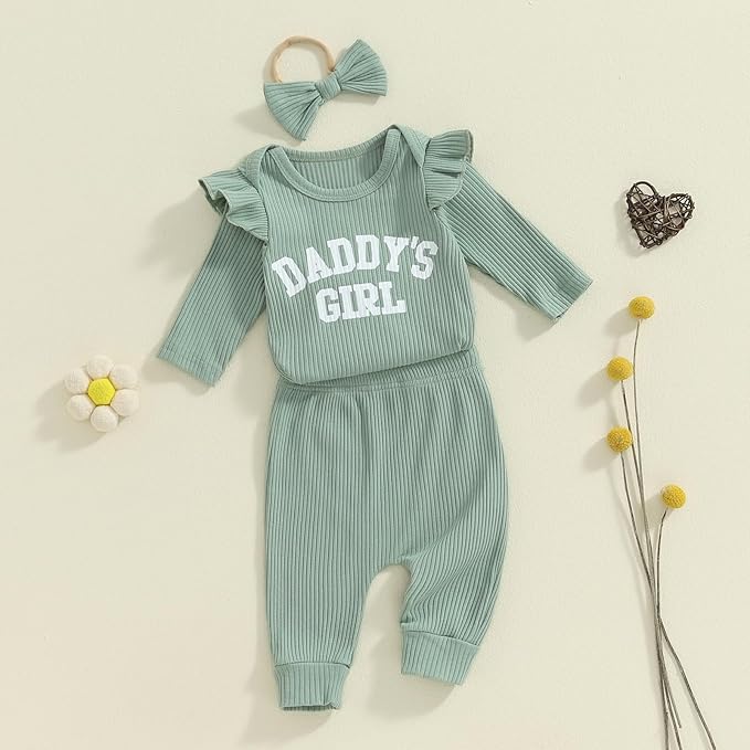 Tsnbre Newborn Baby Girl Outfits Daddys Girls Ruffle Long Sleeve Romper Top Pants Headband Infant Fall Winter Clothes