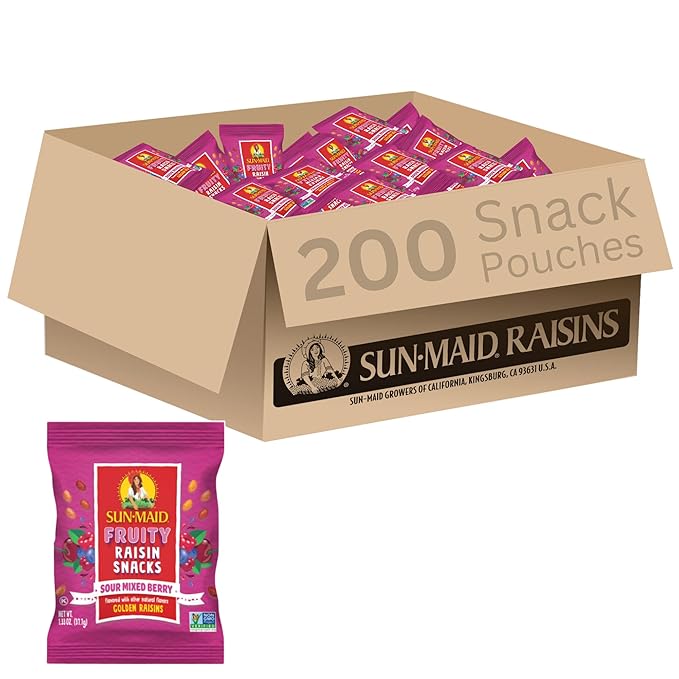 Sun-Maid Sour Mixed Berry Fruity Raisin Snacks - (200 Pack) 1.33 oz Pouches - Sour Mixed Berry Raisins - Dried Fruit Snack for Lunches and Snacks