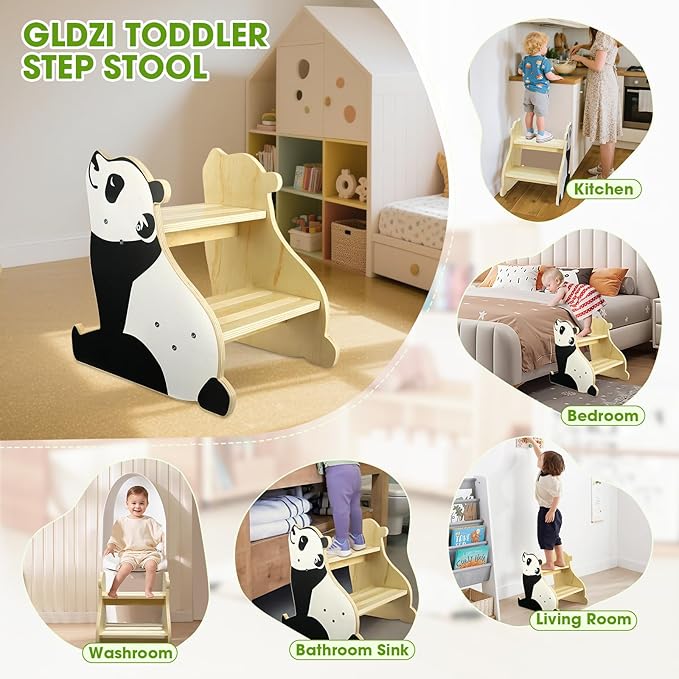 Toddler Step Stool, 2-Step Wooden Step Stool for Toddlers with Non-Slip Base, Cute Printed Design Potty Training Stool for Bathroom Sink, Kitchen & Bedroom (Panda)