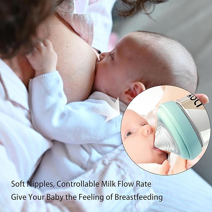 Natural Glass Baby Bottle for Breastfeeding Babies, 5.4oz Anti-Colic Baby Bottle with Natural Response Nipple(S), Clear, Wide Neck, 4 Pack, 1 Months+