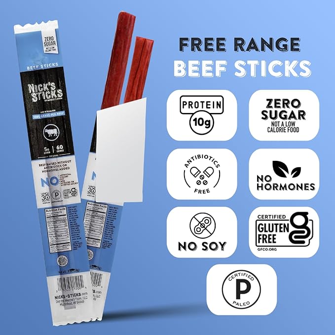 Nick's Sticks Clean & Balanced 100% Grass-Fed Beef Snack Sticks | Made in the USA | Gluten Free | Paleo, Keto, Whole30 Approved | No Soy, Antibiotics or Hormones (12 – 1.7oz. Packages of 2 Sticks)
