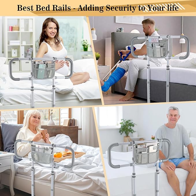 Bed Rails for Elderly Adults Safety, Sturdy Beds Assist Rail for Seniors; Adjustable Beds Rail Stable Bed Cane Guard with Extended Handle Bar - Fit King Queen Full Twin Bed