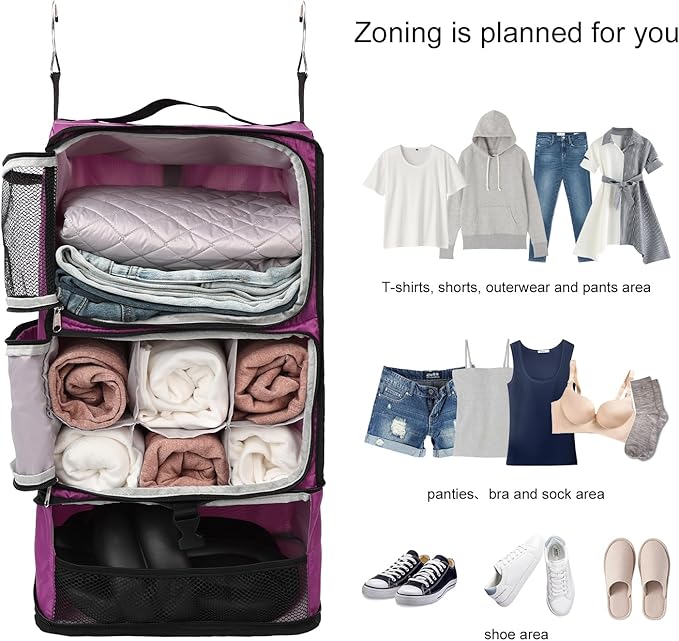 TABITORA Travel Portable Hanging Shelves Closet Organizer Packing Luggage Storage with Multifunctional and Foldable Invisible Compartment,Lightweight, for Suitcase, RV,Closet…Purple,XL