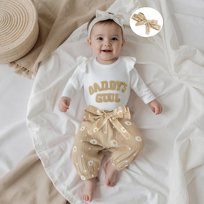 Tsnbre Newborn Baby Girl Outfits Daddys Girls Ruffle Long Sleeve Romper Top Pants Headband Infant Fall Winter Clothes