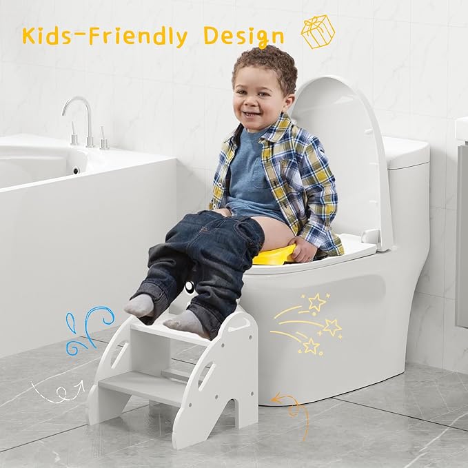 Frog-Themed Toddler Step Stool, 2-Step Stool for Bathroom Sink & Potty Training, Kids Kitchen Helper Stool with Safety Handles (Natural Wood, 120lbs Capacity),Gray
