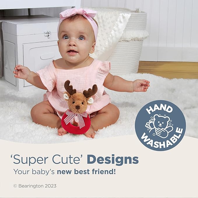 Bearington Baby Lil’ Reindeer Christmas, 5.5 Inch Christmas Reindeer Plush Stuffed Animal, Soft Baby Rattles and Plush Rings, for Ages 0-14