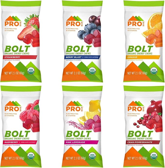 PROBAR - BOLT Organic Energy Chews, Variety Pack, Strawberry, Berry Blast, Orange, Raspberry, Pink Lemonade, Cranberry Pomegranate - Gluten-Free, USDA Certified Organic (12 Count) - Flavors May Vary