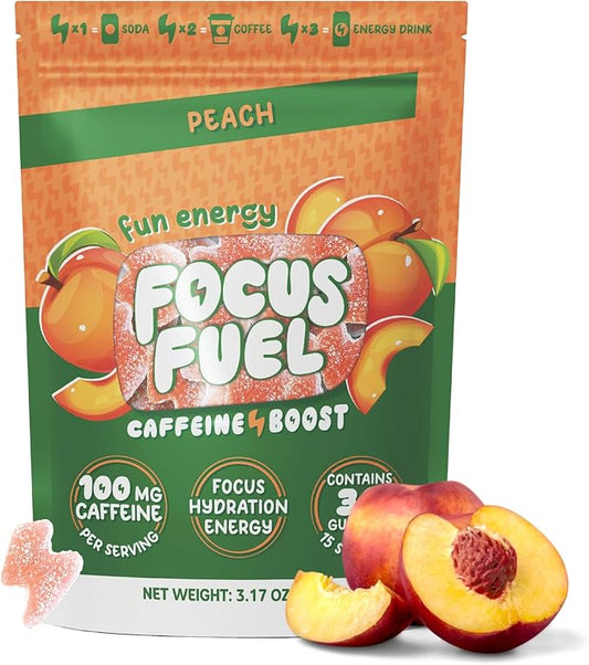 Energy Chews – Peach Flavor (15 Servings) – 100mg Caffeine + Alpha GPC+ L-Theanine + B12, Magnesium – Smooth Focus & Energy – No Crash or Jitters