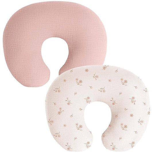 Muslin Nursing Pillow Covers, 2 Pack, Soft & Adorable Slipcovers with Zipper Closure, 100% Cotton Covers for Breastfeeding Pillows (Pink, Flower)